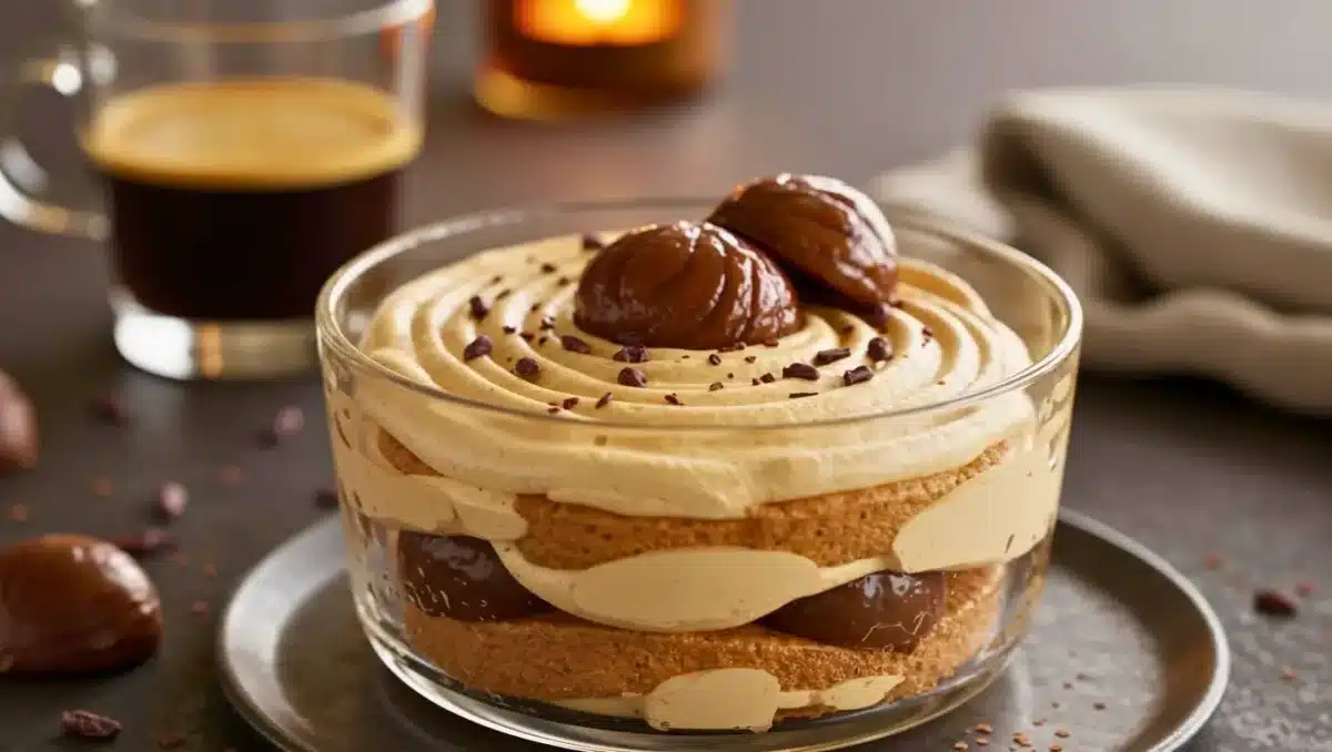 Verrine de tiramisu aux marrons avec couches de biscuits imbibés de café, crème au mascarpone et marrons, décorée de marrons glacés et de copeaux de chocolat, servie dans une ambiance chaleureuse.