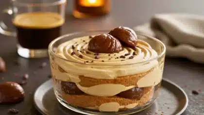 Verrine de tiramisu aux marrons avec couches de biscuits imbibés de café, crème au mascarpone et marrons, décorée de marrons glacés et de copeaux de chocolat, servie dans une ambiance chaleureuse.