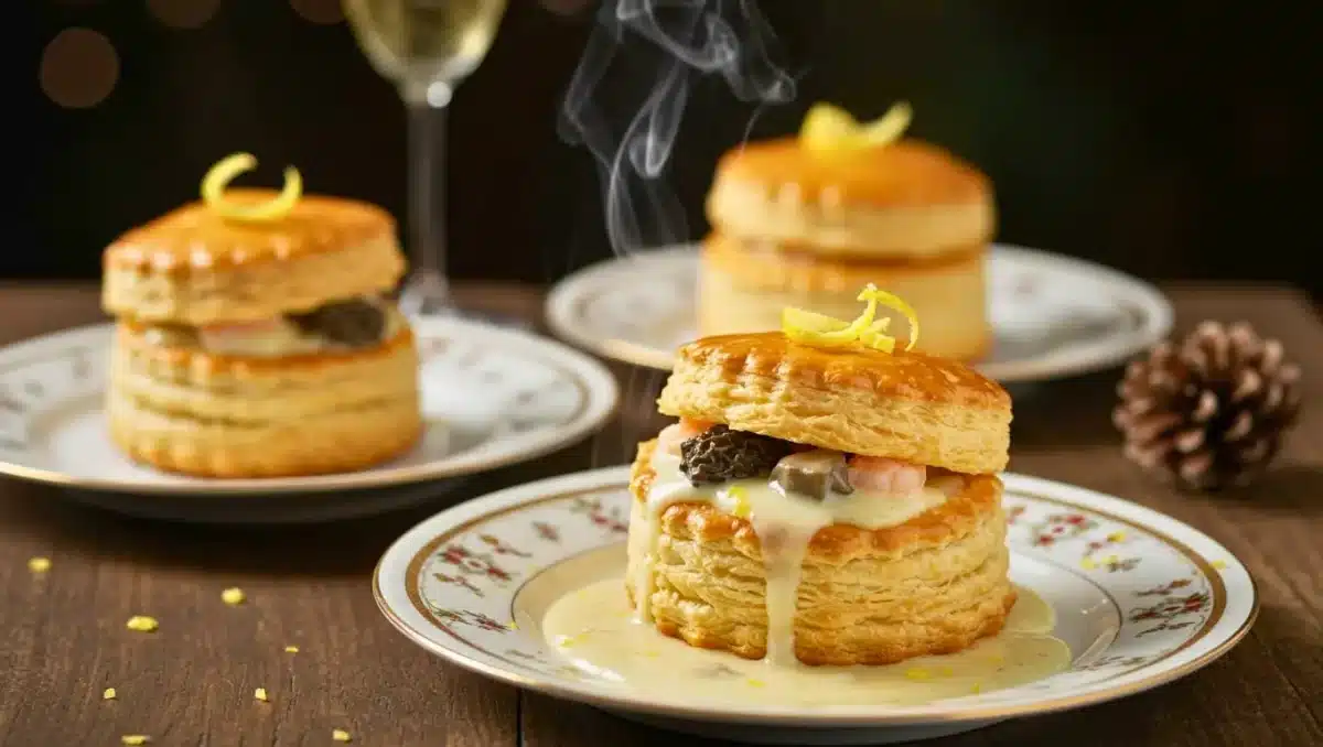 Vol-au-vent feuilleté garni de langoustines, morilles et sauce crémeuse au champagne, présenté dans une assiette festive avec vapeur visible, zestes de citron et ambiance de table de fête.