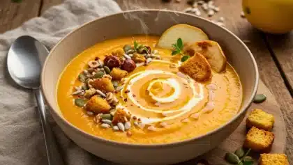 Bol de velouté de butternut orange vif, décoré de crème, croûtons, graines, noisettes et tranches de pomme dorées, avec vapeur visible et ambiance chaleureuse.