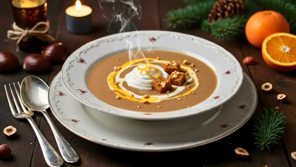 Bol de velouté de châtaignes fumant, décoré d’une chantilly à l’orange, de croûtons de pain d’épice et de noisettes, posé sur une table en bois avec des châtaignes, des oranges et une ambiance festive hivernale.