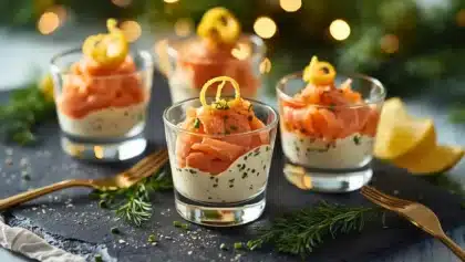 Verrines de saumon fumé et fromage frais garnies de ciboulette et de zestes de citron, dressées sur une table de Noël élégante.
