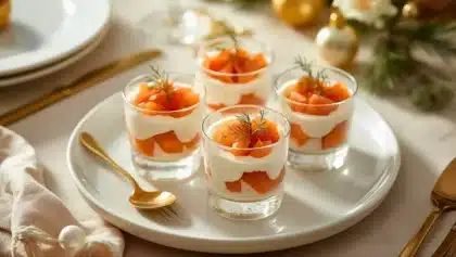 Verrines au saumon fumé et mousse de fromage frais, décorées à l’aneth, servies sur une assiette blanche dans une ambiance de Noël élégante.