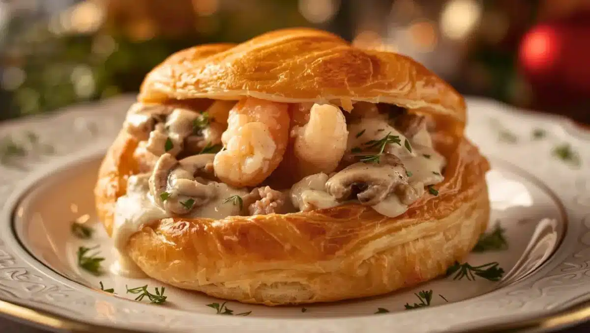 Vol-au-vent feuilleté garni de crevettes, poisson blanc et champignons nappés d’une sauce crémeuse.