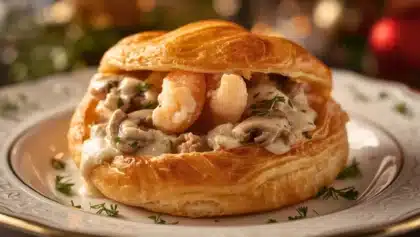 Vol-au-vent feuilleté garni de crevettes, poisson blanc et champignons nappés d’une sauce crémeuse.