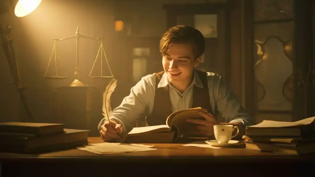 Jeune écrivain assis à un bureau éclairé, entouré de livres anciens et d’une balance symbolique, souriant en rédigeant avec une plume — une scène évoquant l’étude des figures de style comme le zeugma et le plaisir du jeu littéraire.