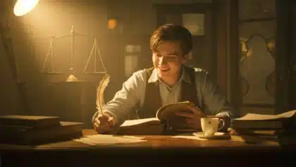 Jeune écrivain assis à un bureau éclairé, entouré de livres anciens et d’une balance symbolique, souriant en rédigeant avec une plume — une scène évoquant l’étude des figures de style comme le zeugma et le plaisir du jeu littéraire.