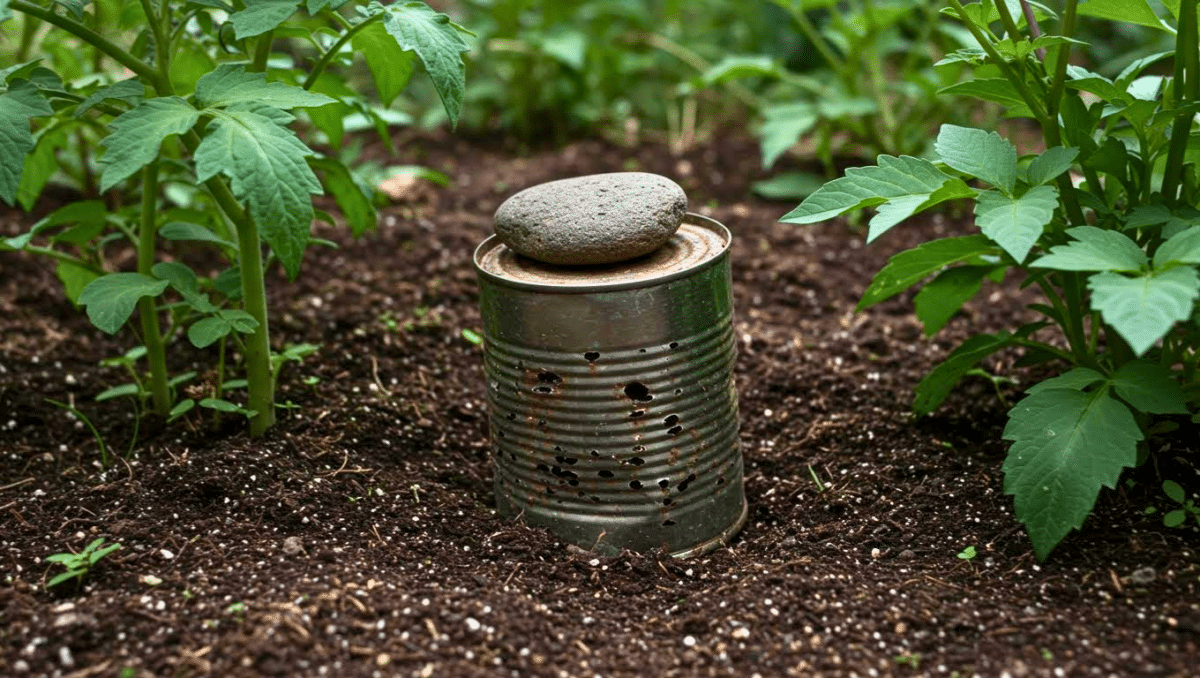 Boîte de conserve enterrée dans un potager entre des plants pour attirer les insectes utiles