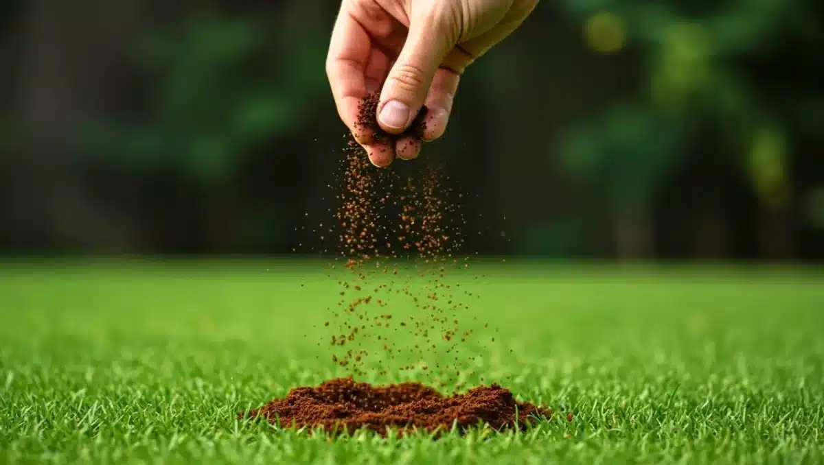 Marc de café versé sur une pelouse pour fertiliser le gazon