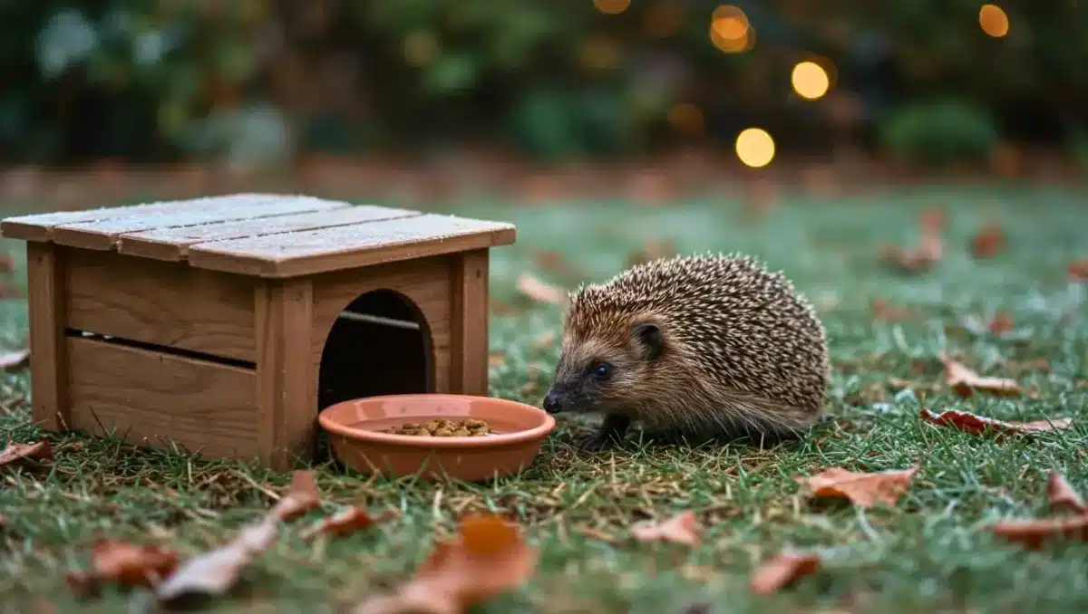 Hérisson mangeant dans une gamelle près d’un abri en bois dans un jardin en automne
