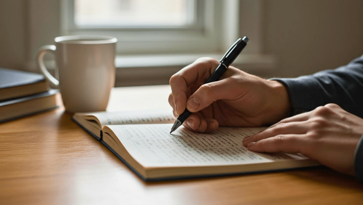 Main écrivant dans un carnet ouvert sur un bureau, avec une tasse à côté, pour illustrer une règle d’orthographe sur “partage” et “partages”.