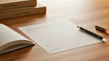 Feuille de papier sur un bureau en bois avec un stylo plume, illustrant un article sur l’orthographe correcte de l’expression “en suspens”.