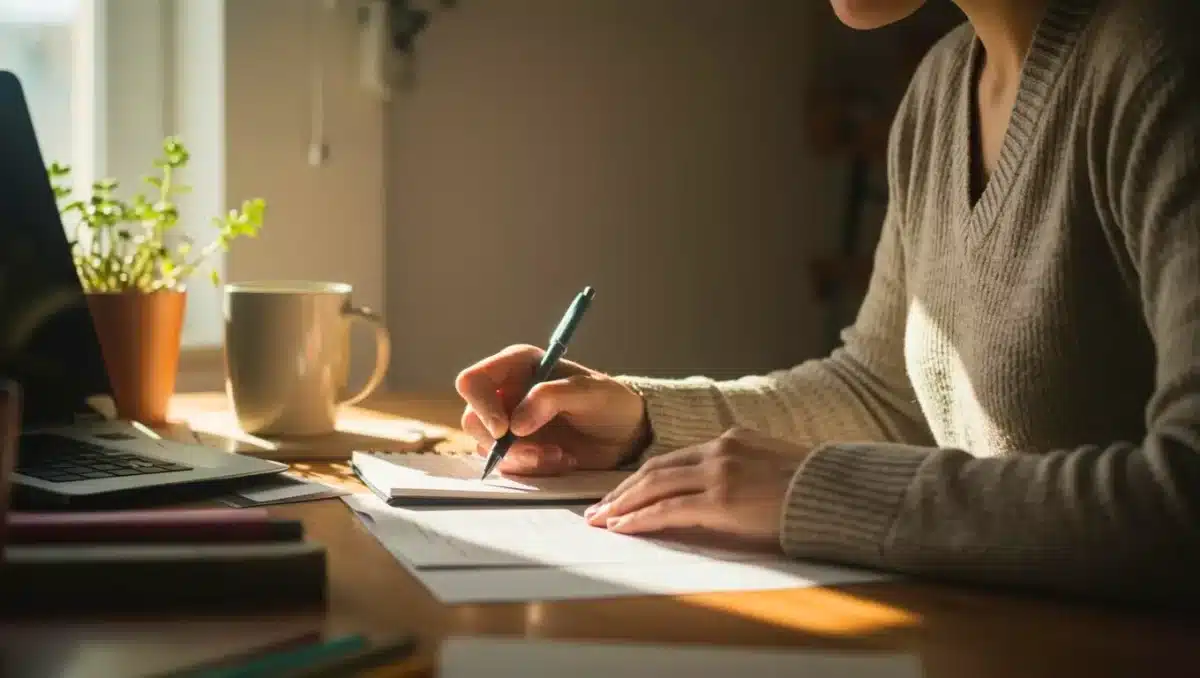Personne écrivant à la main sur des documents près d’un ordinateur et d’une tasse, en lumière naturelle