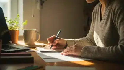 Personne écrivant à la main sur des documents près d’un ordinateur et d’une tasse, en lumière naturelle