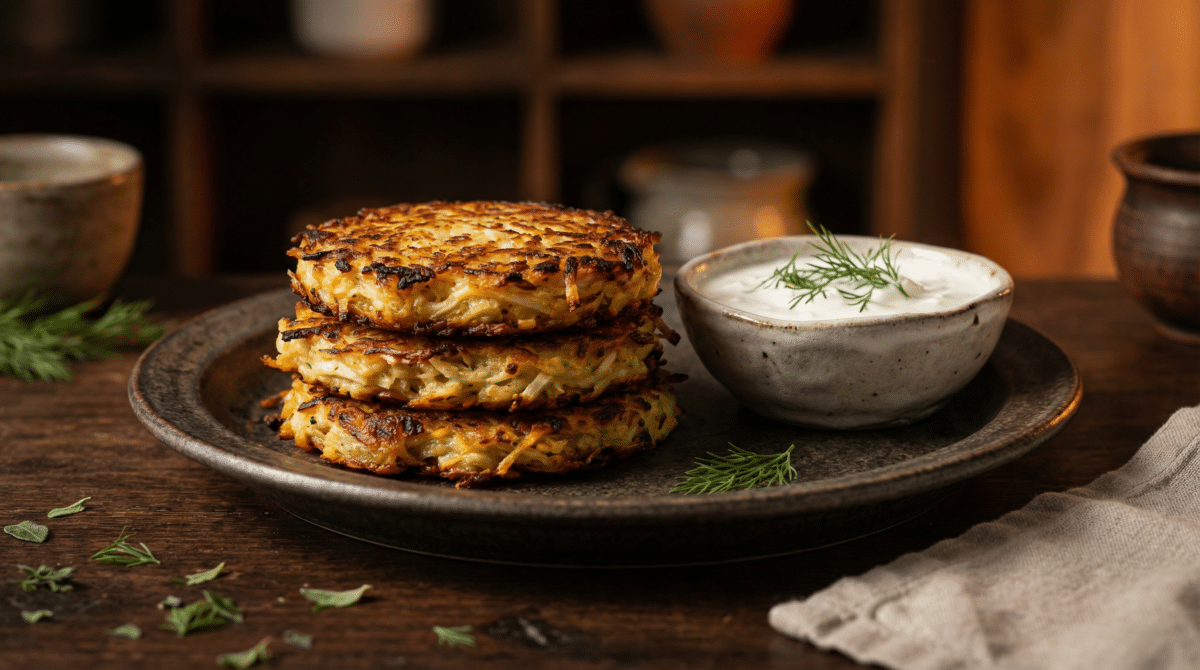 Galettes de céleri-rave dorées et croustillantes empilées sur assiette rustique avec sauce yaourt à l'aneth