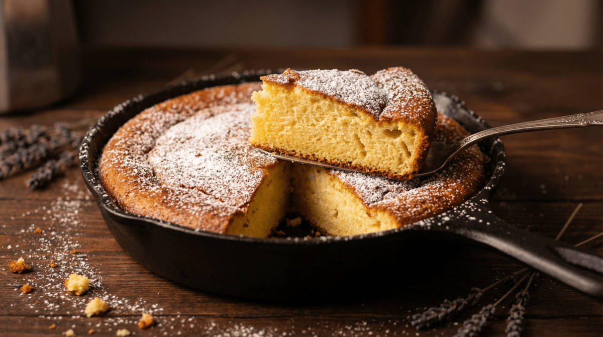 Gâteau au yaourt doré cuit dans une poêle en fonte avec une part soulevée montrant la mie moelleuse