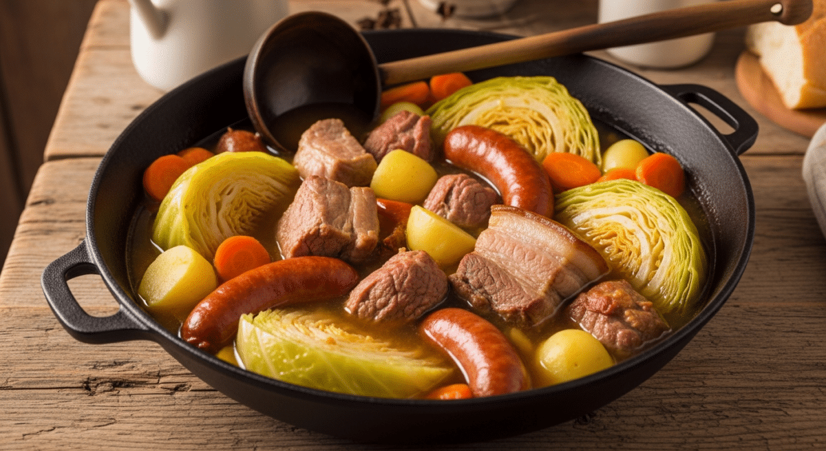 Potée de chou traditionnelle avec saucisses fumées, jarret de porc et légumes dans une cocotte en fonte