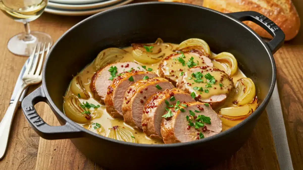 Filet mignon de porc tranché dans une cocotte, nappé de sauce moutarde crémeuse avec oignons fondants