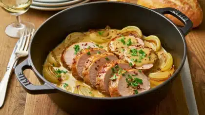 Filet mignon de porc tranché dans une cocotte, nappé de sauce moutarde crémeuse avec oignons fondants