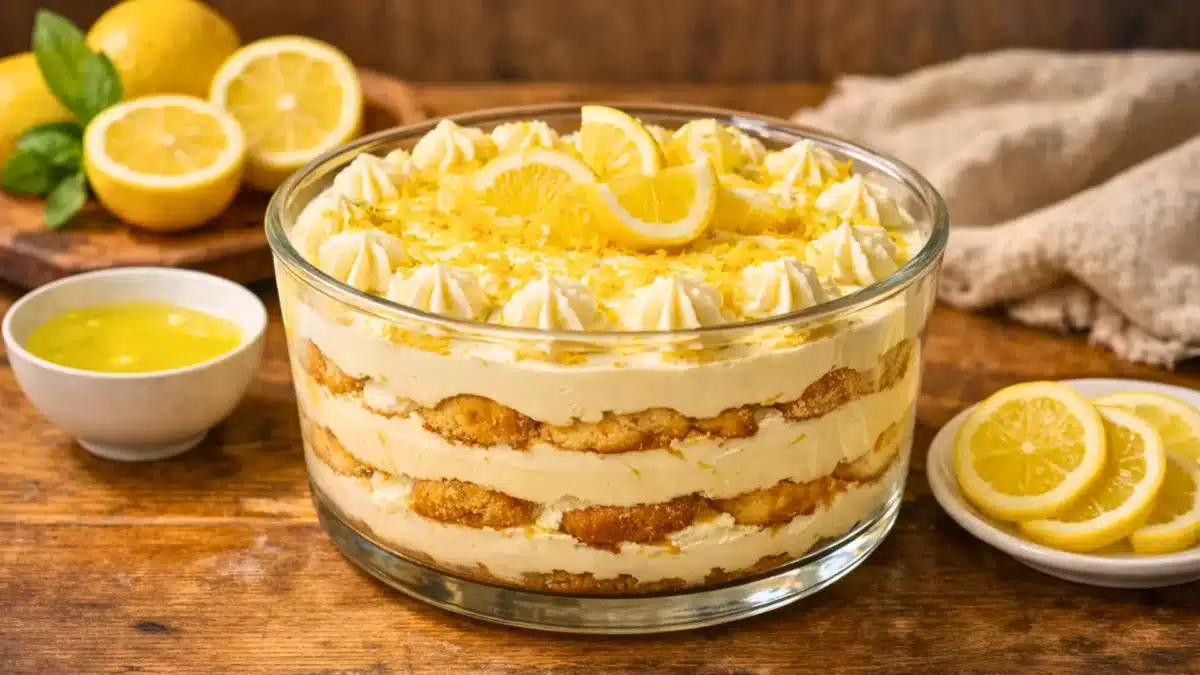 Tiramisu citron–limoncello en verrine, couches de biscuits imbibés et crème onctueuse, décoré de zestes et rondelles de citron