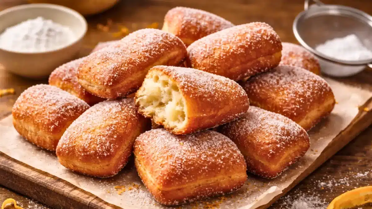 Beignets maison dorés et moelleux saupoudrés de sucre, parfumés au rhum et à la fleur d’oranger