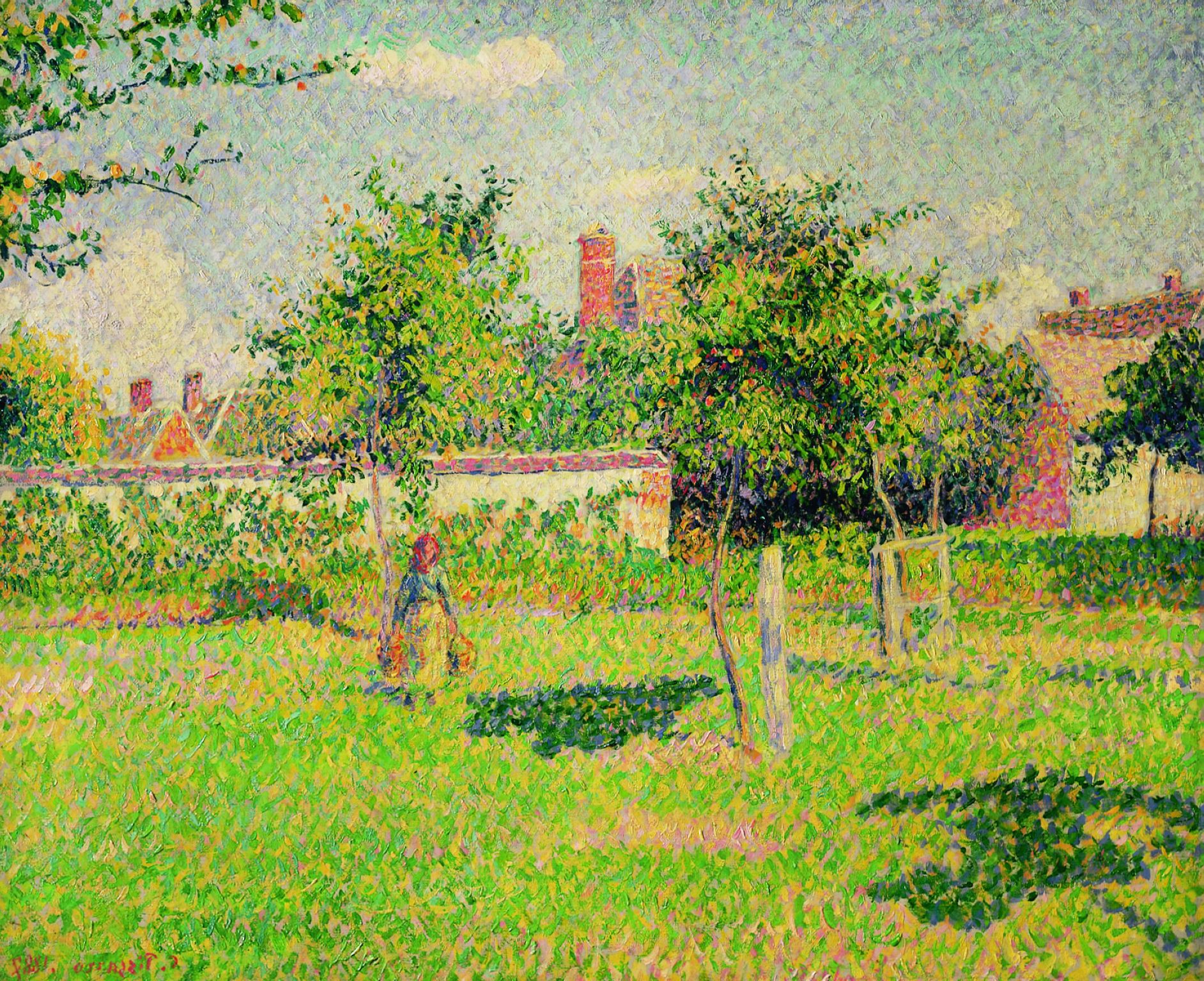 impressionnisme : Femme dans un clos, soleil de printemps dans le pré à Éragny, tableau de Camille Pissarro (1887)