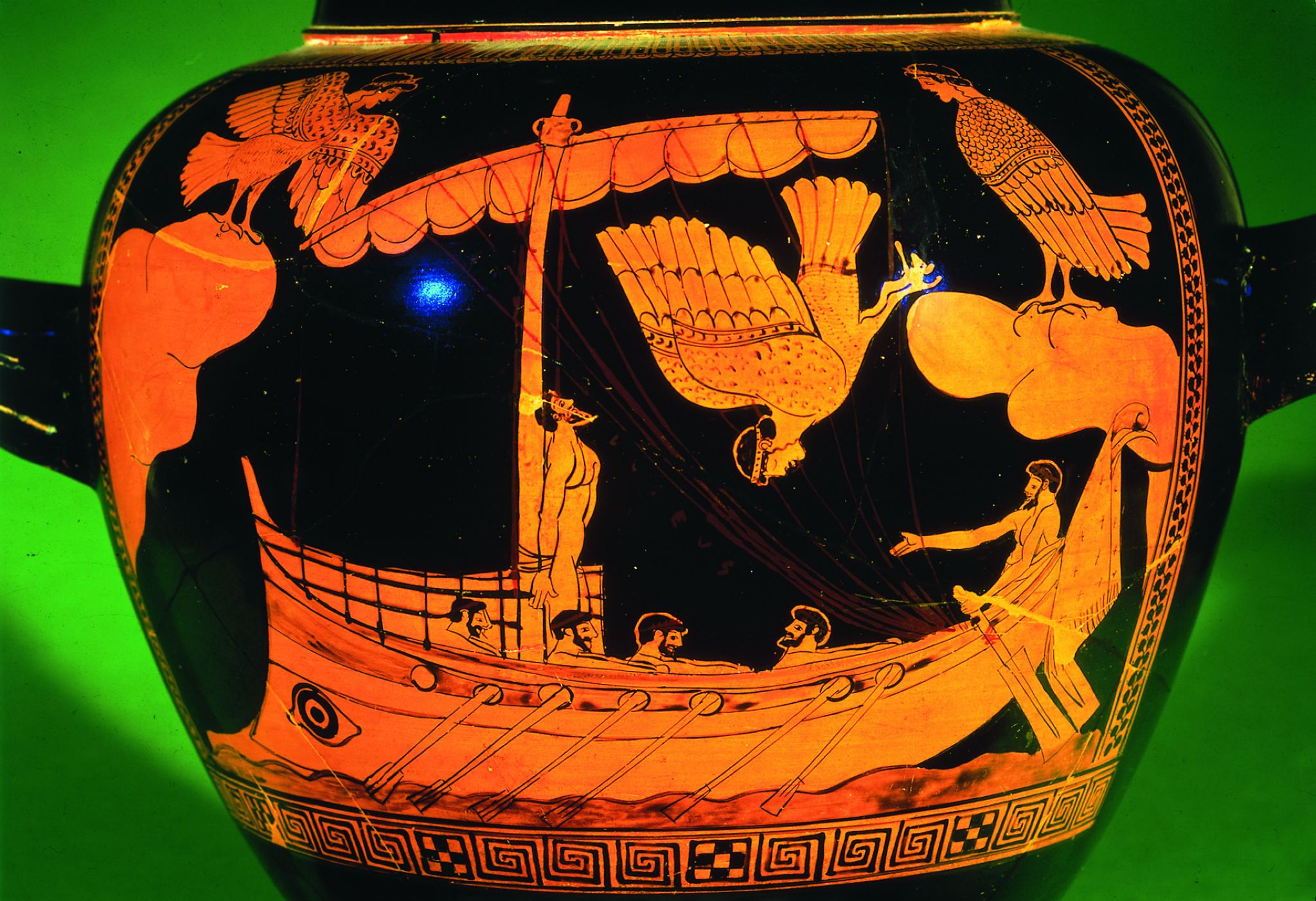 Ulysse attaché au mât de son navire pour résister au sirènes (vase du Ve siècle avant J.-C.)