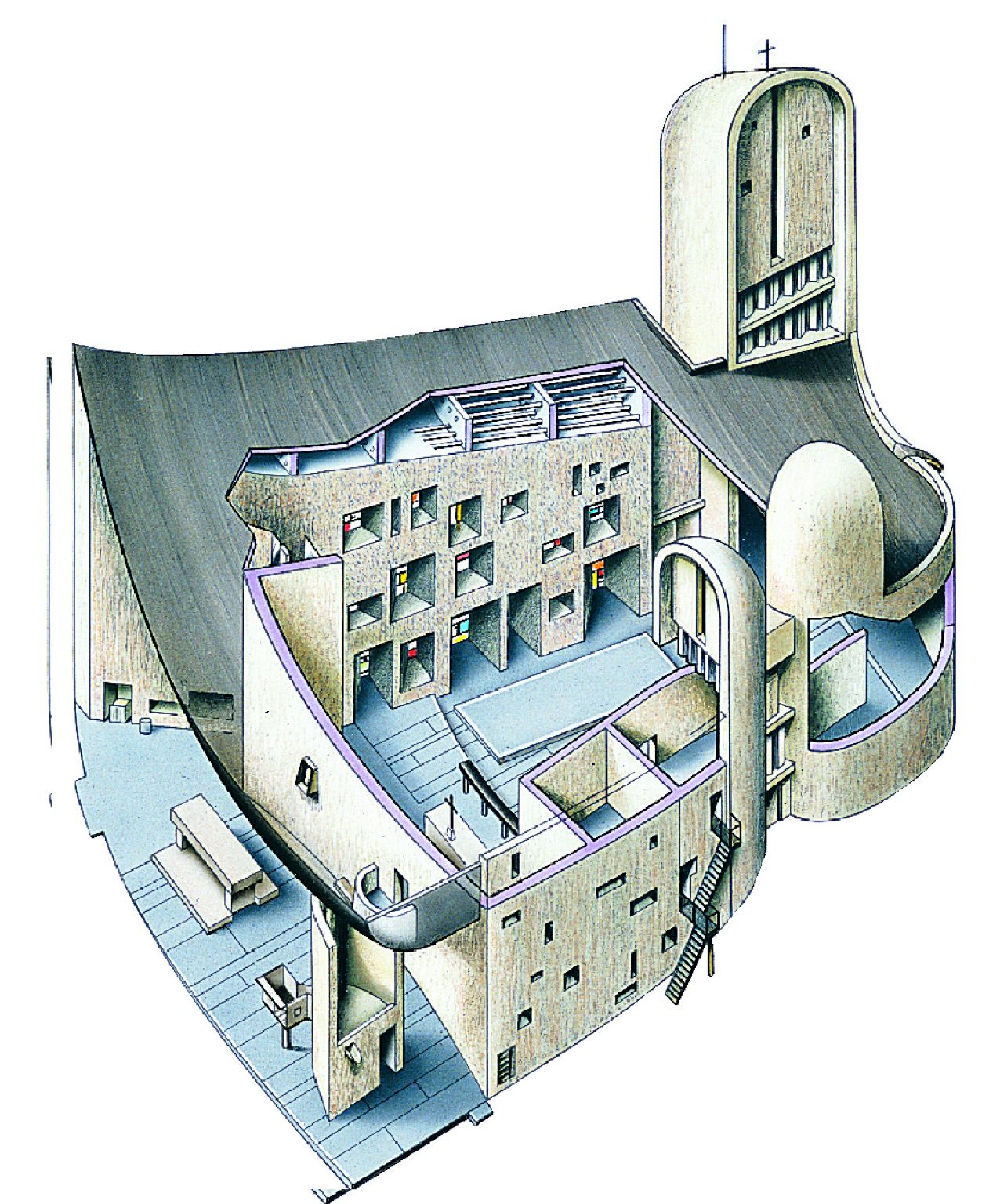 vue éclatée de la chapelle de Ronchamp