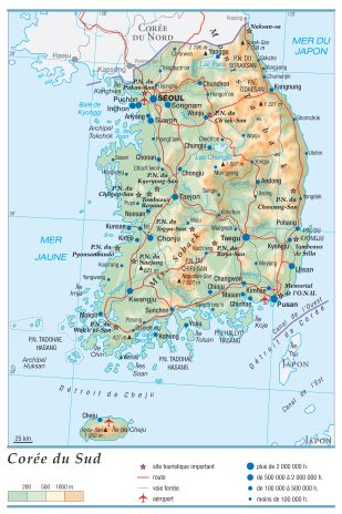 carte de relief de la péninsule coréenne