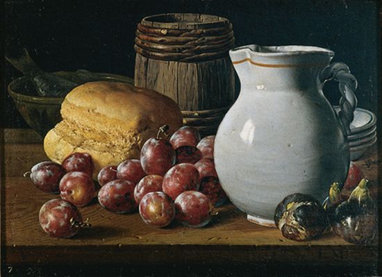 Luis Meléndez, Nature morte aux prunes, figues, pain et récipients