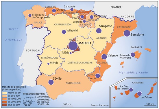 Espagne, la densité de la population