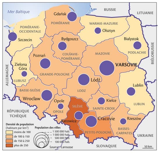 Pologne, la densité de la population