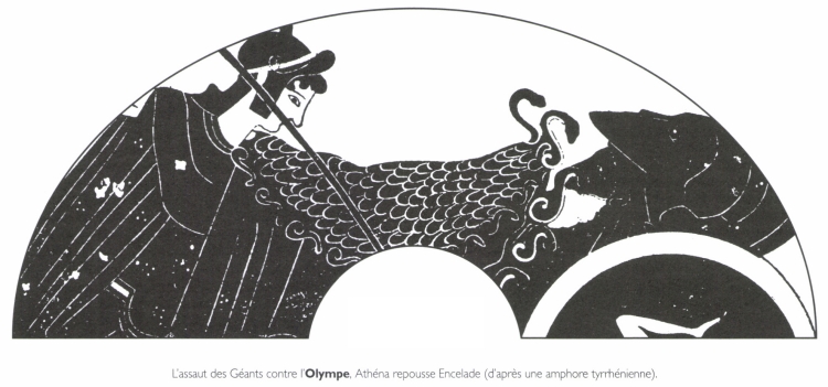 L'assaut des Géants contre l'Olympe, Athéna repousse Encelade.