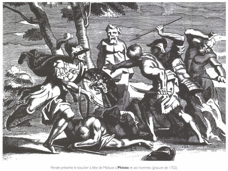 Persée présente le bouclier à tête de Méduse à <B>Phinée</B> et ses hommes.
