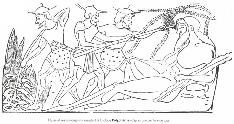 Ulysse et ses compagnons aveuglent le Cyclope <B>Polyphème</B>.