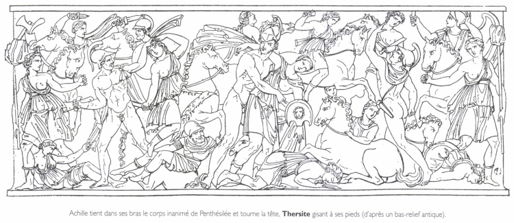 Achille tient dans ses bras le corps inanimé de Penthésilée et tourne la tête, Thersite gisant à ses pieds. Achille tient dans ses bras le corps inanimé de Penthésilée et tourne la tête, Thersite gisant à ses pieds.