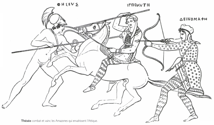 Thésée combat et vainc les Amazones qui envahissent l'Attique. Thésée combat et vainc les Amazones qui envahissent l'Attique.