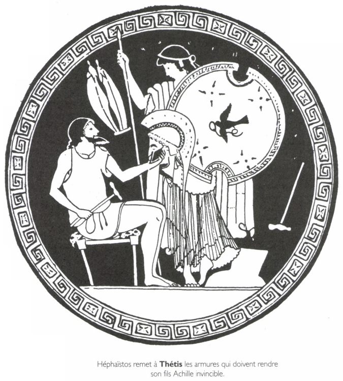 Héphaïstos remet à Thétis les armures qui doivent rendre son fils Achille invincible.