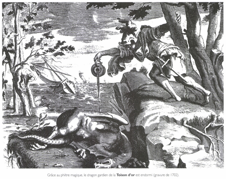 Grâce au philtre magique, le dragon gardien de la Toison d'or est endormi.