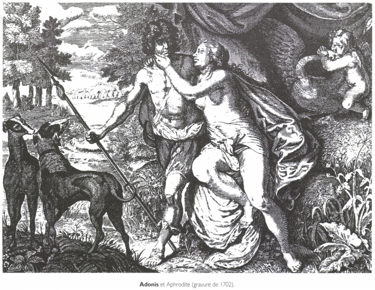 Adonis et Aphrodite (gravure de 1702). Adonis et Aphrodite (gravure de 1702).
