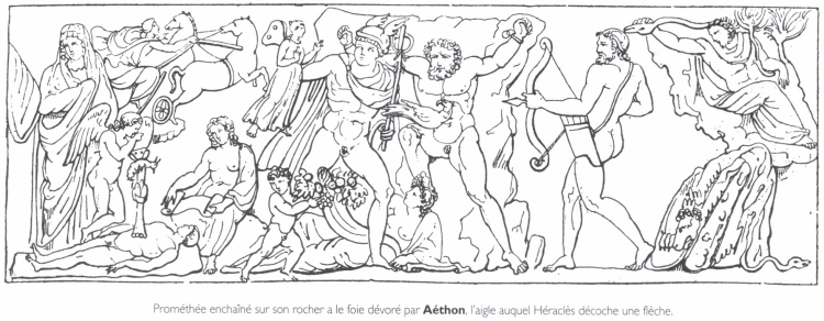 Prométhée enchaîné sur son rocher a le foie dévoré par <B>Aéthon</B>, l'aigle auquel Héraclès décoche une flèche.