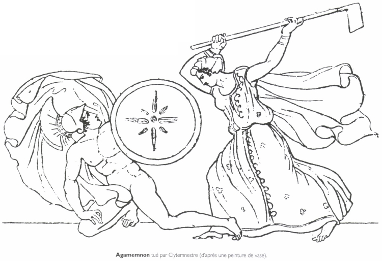 Agamemnon tué par Clytemnestre.