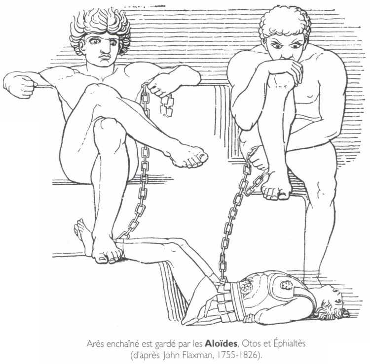 Arès enchaîné est gardé par les Aloïdes, Otos et Éphialtès. Arès enchaîné est gardé par les Aloïdes, Otos et Éphialtès.