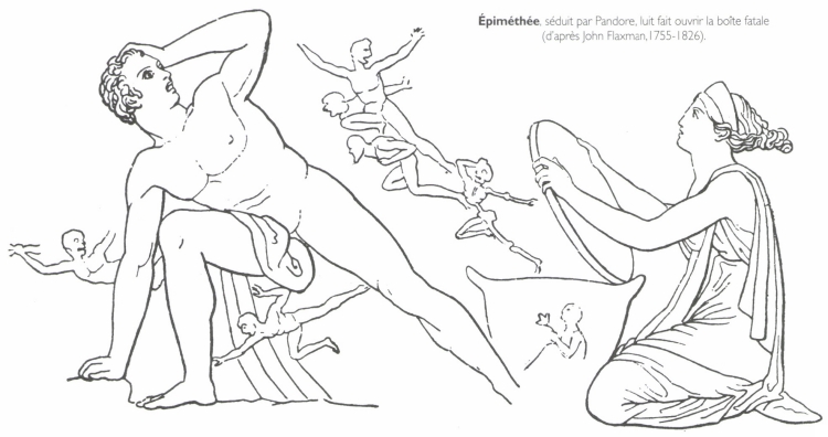 Épiméthée, séduit par Pandore, lui fait ouvrir la boîte fatale. Épiméthée, séduit par Pandore, lui fait ouvrir la boîte fatale.