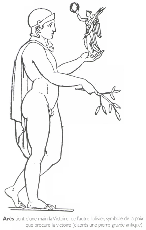 <B>Arès</B> tient d'une main la Victoire, de l'autre l'olivier, symbole de la paix que procure la victoire.