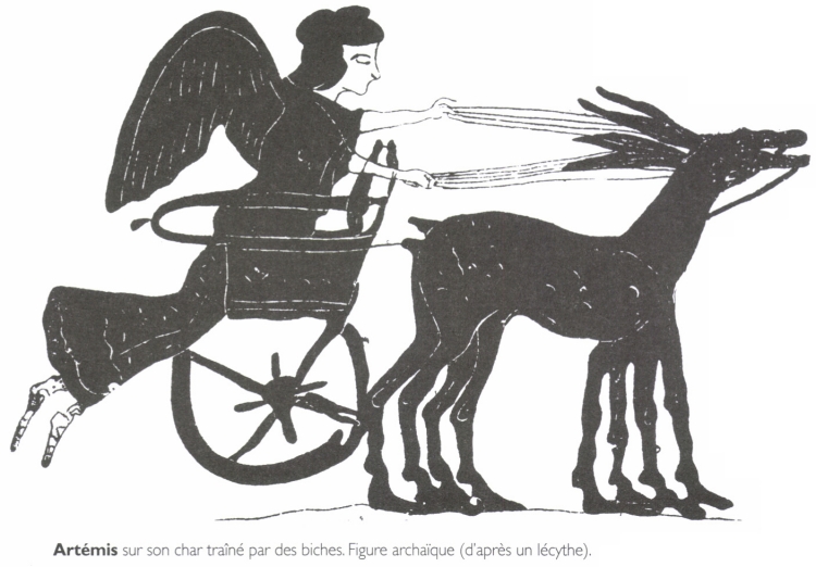 Artémis sur son char traîné par de biches. Artémis sur son char traîné par de biches.