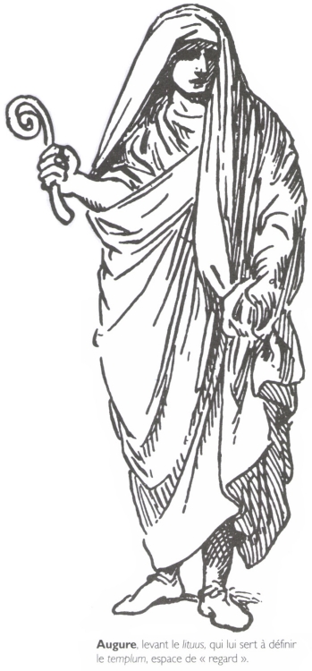 <B>Augure</B>, levant le <i>lituus</i>, qui lui sert à définir le <i>templum</i>, espace de « regard ».
