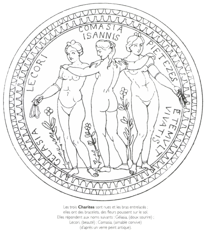 Les trois <B>Charites</B> sont nues et les bras entrelacés ; elles ont des bracelets, des fleurs poussent sur le sol.