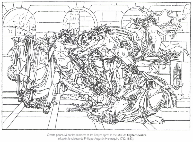 Oreste poursuivi par les remords et les Érinyes après le meurtre de Clytemnestre.