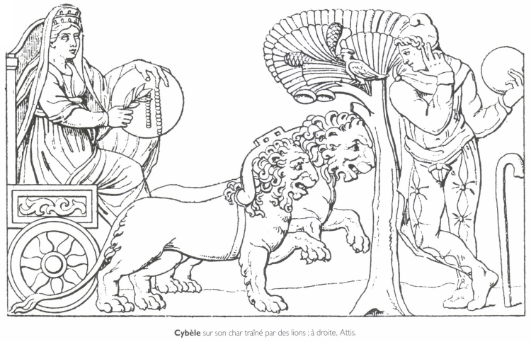 Cybèle sur son char traîné par des lions ; à droite, Attis. Cybèle sur son char traîné par des lions ; à droite, Attis.